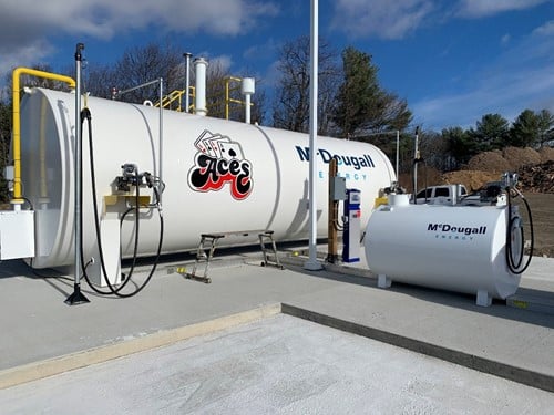 McDougall Energy helps ACES Waste Management (Muskoka) Ltd. fuel their fleet 105 Shows outdoor shot of large white tank with Mcdougall Energy logo on it and Aces logo