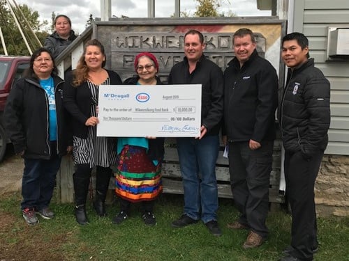 McDougall Energy and the Esso Community Program donates $10,000 towards the Wikwemikong Food Bank to help local families 161 Shows 7 people outside holding a large cheque from McDougall Energy