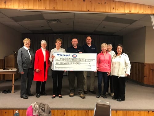 McDougall Energy and the Esso Community Program Support NSHN Auxiliary Richards Landing – Matthews with $2500 Towards New Defibrillator 164 Shows 8 people on a stage holding a large cheque from McDougall Energy