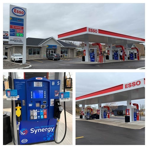 New Esso site now open in Niagara Falls with the help of McDougall Energy 82 Shows 3 images of exterior of Esso gas station and 1 photo shows blue Synergy fuel pump