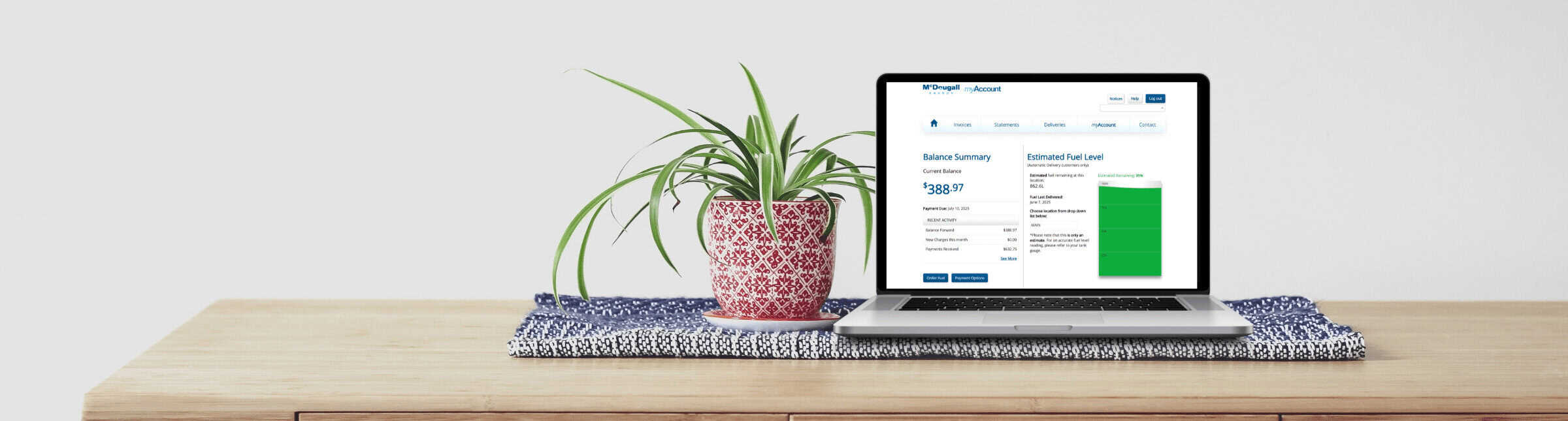 Energy company online account management with fuel balance overview at McDougall Energy.