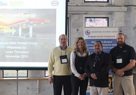 Shows 4 people standing smiling standing in from of a projection screen
