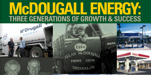 Shows poster of old photo of McDougall Energy history. Title reads Convenience & Carwash Canada and McDougall Energy: Three Generation of growth & Success