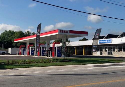 Shows exterior of Esso gas station