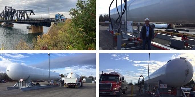 Shows a collage of 4 photos of large white fuel tank