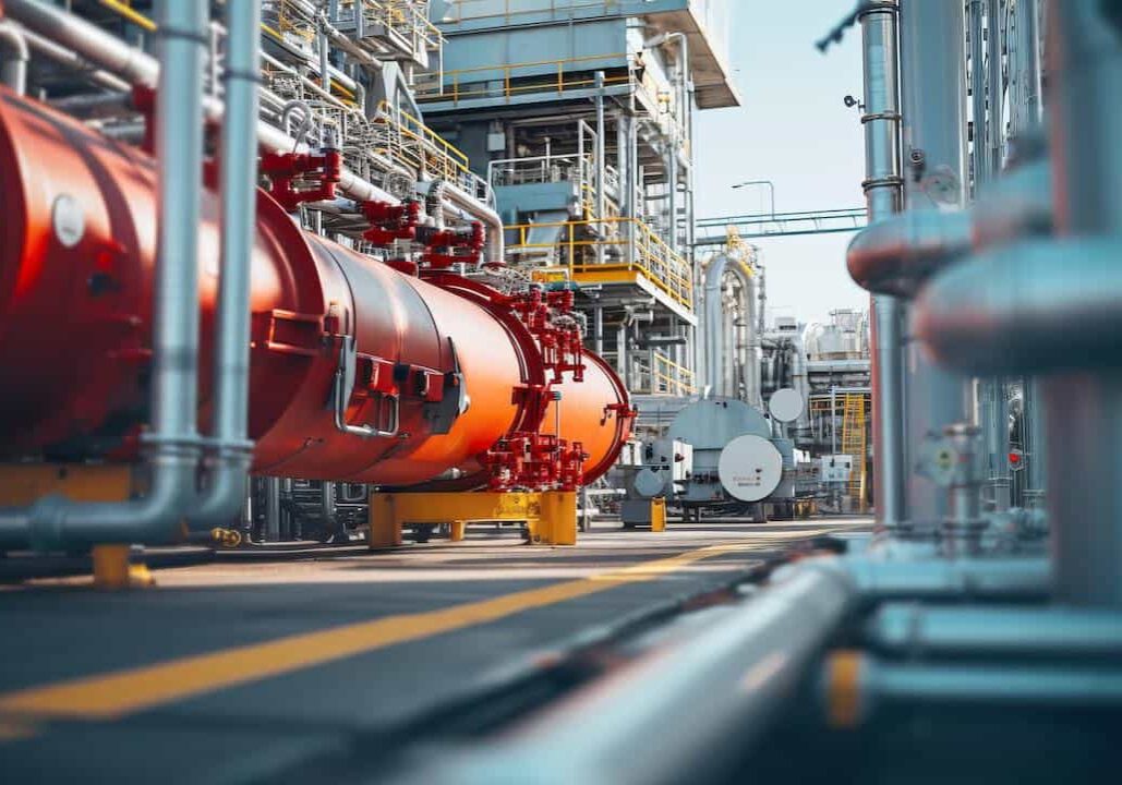 Pipeline and pipe rack of petroleum, chemical, hydrogen or ammonia industrial plant. Industrial zone Close up.