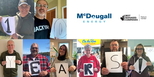 Shows a collage of 8 people holding a cut out of a letter spelling 10 Years, McDougall Energy logo is in a square