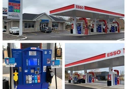 Shows 3 images of exterior of Esso gas station and 1 photo shows blue Synergy fuel pump