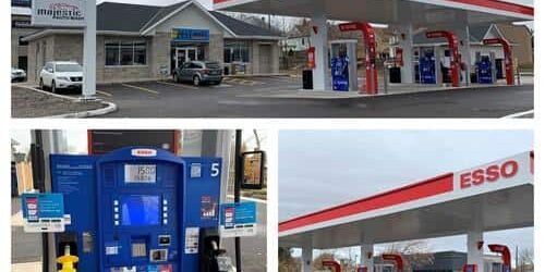 Shows 3 images of exterior of Esso gas station and 1 photo shows blue Synergy fuel pump