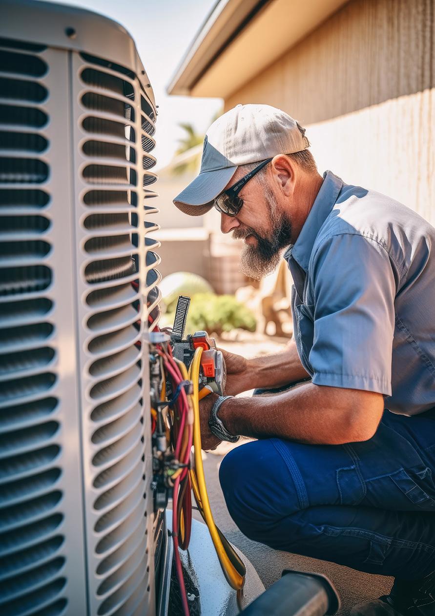 HVAC worker servicing Air Conditioner outside