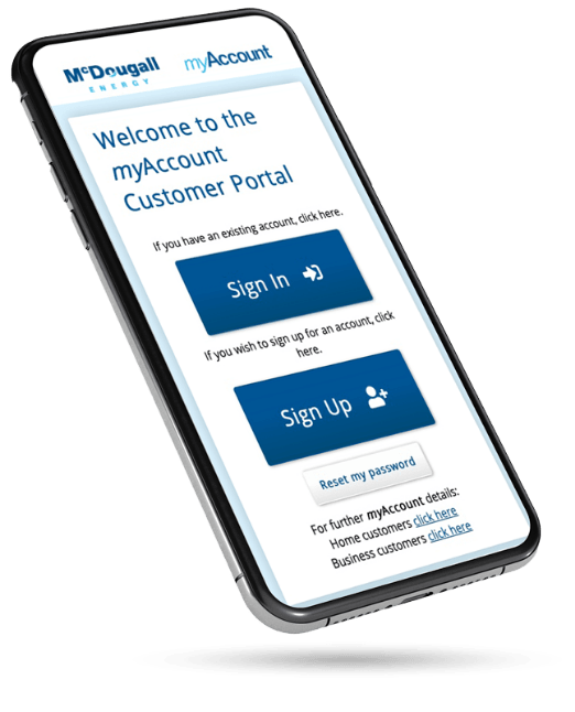 Shows a mobile phone displaying the McDougall myAccount webpage